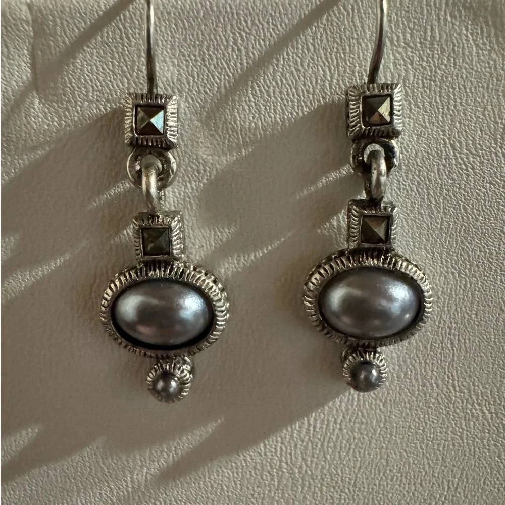 Artisan Pearl Drop Handmade Sterling Silver Earrings Modern Vintage Signed LC